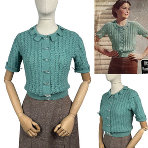 1930’s Reproduction Lace Cardigan in Sea Foam Green Wool - Bust 36 38