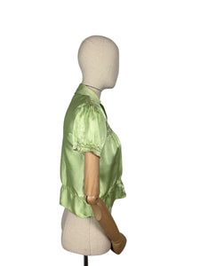 Original 1940’s Pale Green Artificial Silk Blouse with Colourful Smocking Detail - Bust 34 36