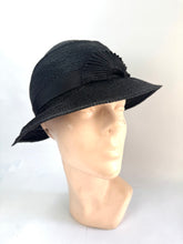 Load image into Gallery viewer, Original 1920's 1930's Black Straw Hat with Pleated Black Grosgrain Trim *
