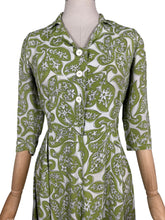 Load image into Gallery viewer, Original 1940’s Green and White Crepe Day Dress with Leaf Print - Bust 34 35

