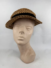 Load image into Gallery viewer, Wounded but Wearable Original 1940's 1950's Natural Straw Sunhat with Soft Black Velvet Ribbon Trim
