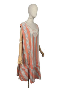 Original 1920's Volup Stripe Cotton and Lace Dress in White, Black and Orange - Bust 46