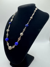 Load image into Gallery viewer, Original 1930&#39;s Art Deco Filigree and Blue Glass Beaded Necklace
