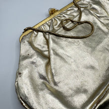 Load image into Gallery viewer, 1950&#39;s or 1960&#39;s RFC Bright Gold Leather Evening Bag with Snake Chain and Faux Pearl Clasp

