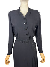 Load image into Gallery viewer, Original 1940's Classic Black Crepe Belted Day Dress with Beaded Pocket Detail - Bust 35 36
