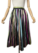 Load image into Gallery viewer, Original 1950&#39;s Black Taffeta Skirt with Stripes in Yellow, Blue, Pink and Green - Waist 24 25
