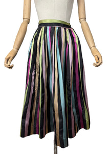 Original 1950's Black Taffeta Skirt with Stripes in Yellow, Blue, Pink and Green - Waist 24 25