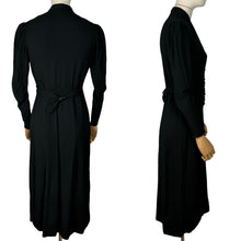 Load image into Gallery viewer, Original 1930&#39;s Long Sleeved Black Crepe Day Dress with Soutache Detail and Back Belt - Bust 34 *
