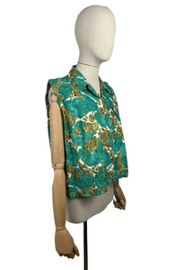 Original 1950's Turquoise, Brown and Ivory Abstract Print Sleeveless Top - Bust 40 42 *