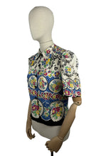 Load image into Gallery viewer, Reproduction 1940&#39;s Cotton Boarder Print Blouse in Bold Floral in Black, Green, Blue, Pink, Black and Yellow - Bust 34
