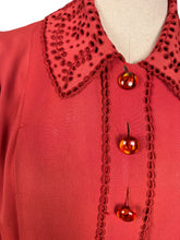 Load image into Gallery viewer, Original 1930&#39;s Rust Long Sleeved Crepe Blouse with Broderie Anglaise Trim - Bust 38 40
