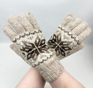 Vintage Pure Wool Fair Isle Gloves in Brown, Cream and Yellow