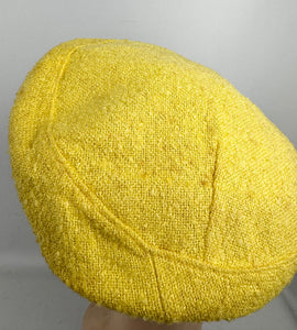 Original 1950's 1960's Bright Yellow Textured Fabric Hat with Button and Grosgrain Trim by Finley New York