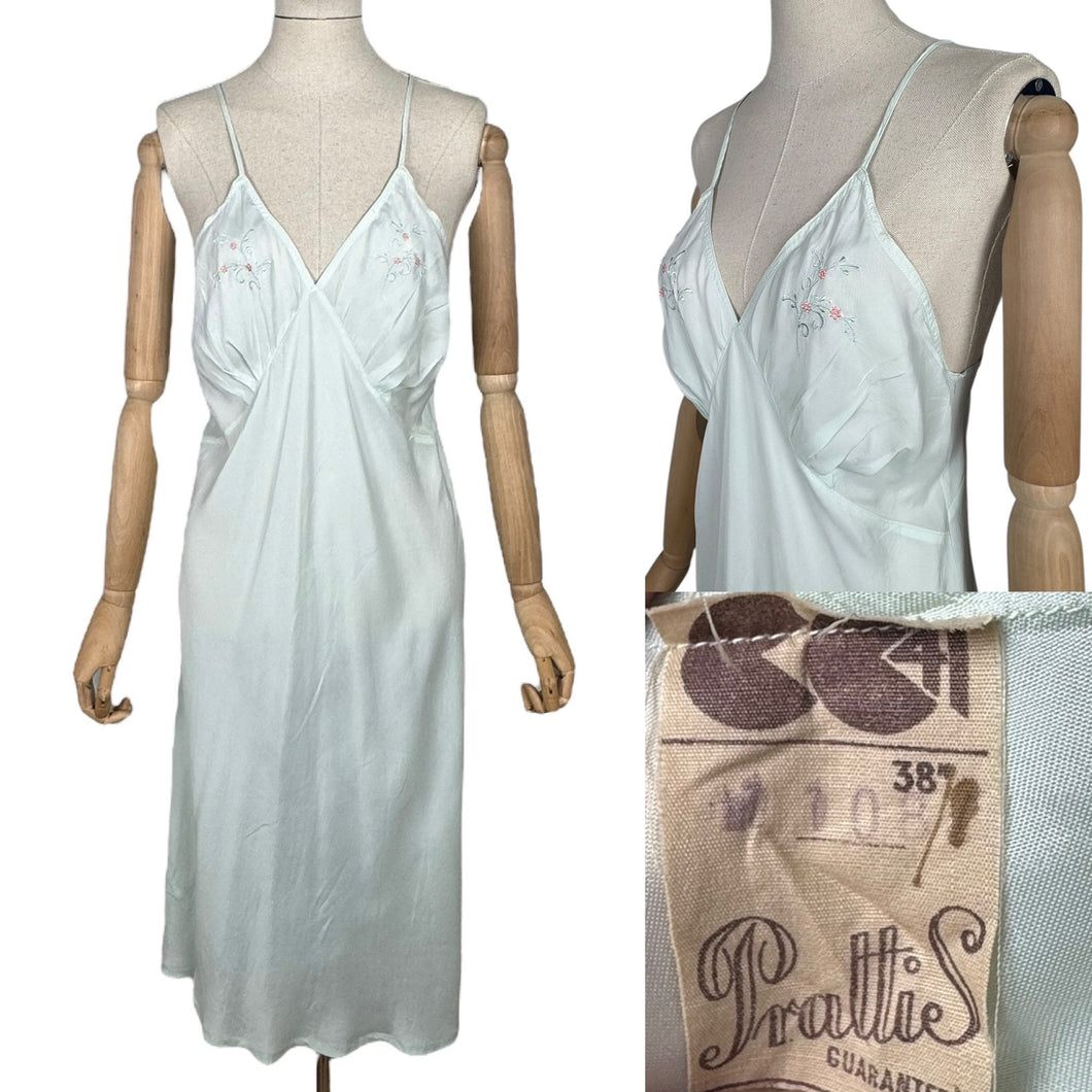 Original 1940’s CC41 Ice Blue Rayon Embroidered Slip by Prattis - Bust 34 36 *