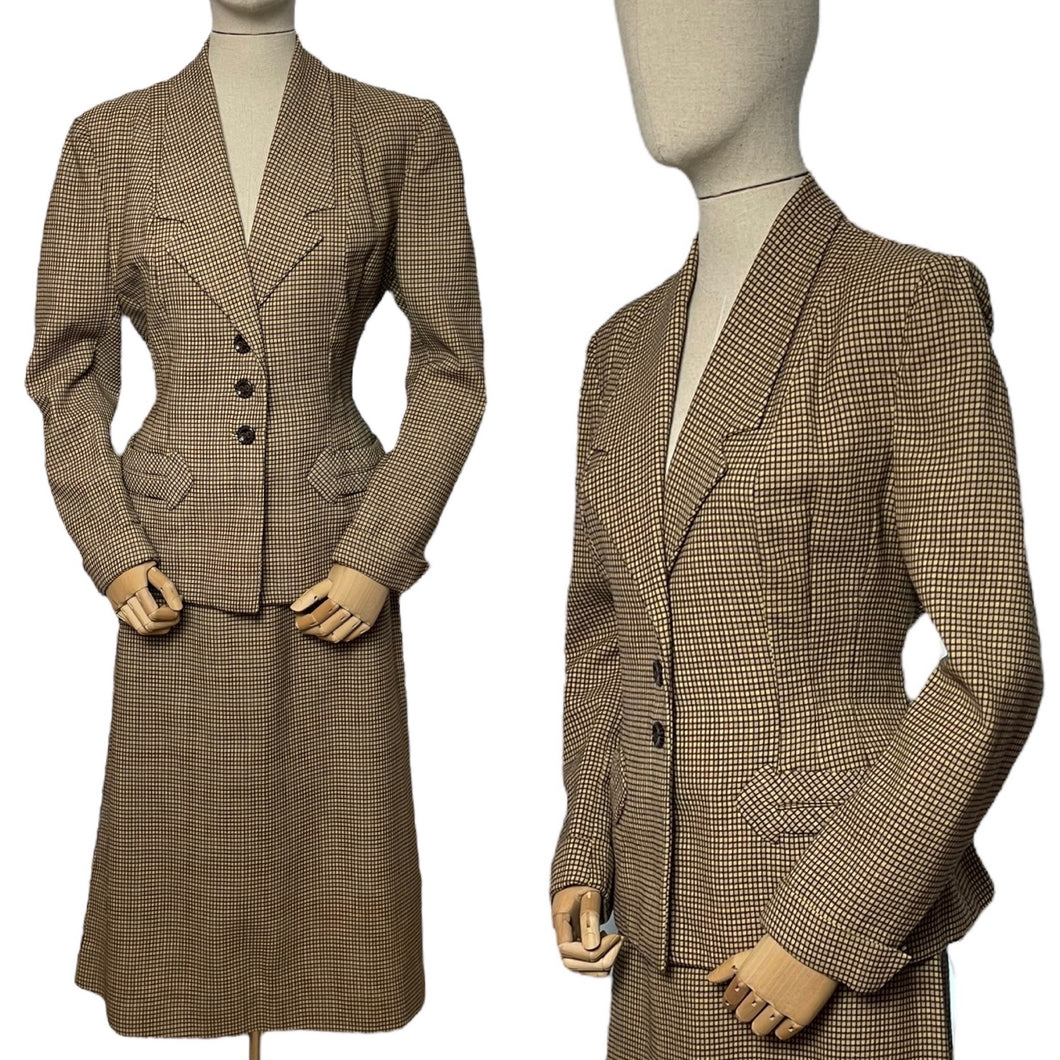 Original 1940’s American Made Lightwool Wool Check Suit in Dull Mustard and Brown - Bust 40 42