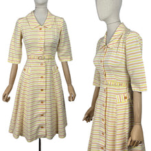 Load image into Gallery viewer, Original 1950's White, Yellow and Brown Belted Stripe Day Dress - Bust 32 34 *
