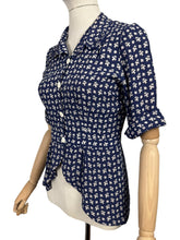 Load image into Gallery viewer, Original 1940’s Navy and White Crepe Novelty Print Jacket with Baskets and Flowers - Bust 33 34 *
