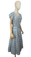Load image into Gallery viewer, Original 1950&#39;s Blue, Brown and White Embroidered Check Belted Dress - Bust 36 38
