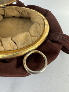 Original 1940's Chocolate Brown Suede Bag with Gold-tone Frame and Clasp