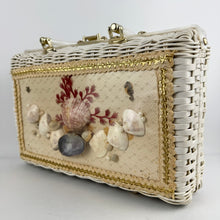 Load image into Gallery viewer, Original 1950&#39;s Princess Charming by Atlas White Wicker Bag with White Lucite Handles and Real Shell Decoration
