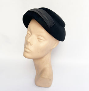 Original 1950's Black Felt Hat with Satin Trim - Classic Piece