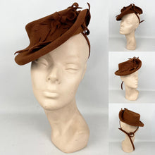 Load image into Gallery viewer, Original 1940&#39;s Rust Felt Tilt Topper Hat Trimmed with Large Felt Leaves and with a Neat Tie Back *
