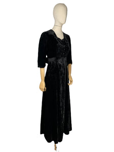 Original 1930’s Black Cotton Velvet Full Length Evening Dress with Bow Tie Belt - Bust 34 *