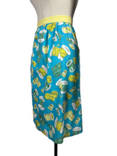 Load image into Gallery viewer, Original 1950's Novelty Print Cotton Apron with Sewing Theme in Blue, Yellow and Green - Waist 38 40
