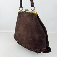 Load image into Gallery viewer, Original 1930&#39;s Dark Brown Suede Handbag with Ruffled Leather Trim
