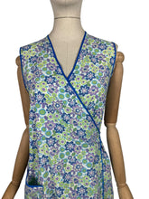 Load image into Gallery viewer, Original 1940's Floral Wraparound Apron in White, Purple, Blue and Green - Pretty Pinny - Bust 32 34 36
