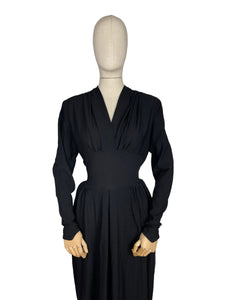 Original 1930's 1940's Black Crepe Long Sleeved Evening Dress with Back Belt - Bust 40 42