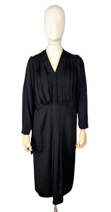 Original 1930's Volup Black Crepe Belted Day Dress with Ruffle Trim - Bust 42 44