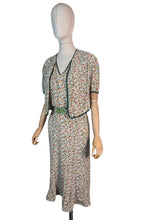 Load image into Gallery viewer, Original 1930's Dress and Faux Bolero Floral Belted Day Dress in Green, Rust and Yellow - Bust 42
