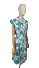 Load image into Gallery viewer, Original 1950&#39;s Stripe Floral Cotton Sleeveless Belted Day Dress in Blue and White with Bold Blue Roses - Bust 36 37
