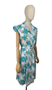 Original 1950's Stripe Floral Cotton Sleeveless Belted Day Dress in Blue and White with Bold Blue Roses - Bust 36 37