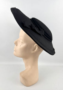 Original 1940's 1950's Inky Black Fabric Platter Hat with Loop Trim