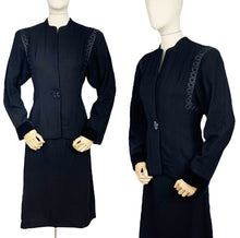 Load image into Gallery viewer, Original 1940&#39;s &#39;Created in Hollywood by Paramount&#39; Black Wool Suit with Soutache Detail and Single Button Fastening - Bust 36 38 *
