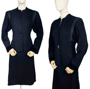 Original 1940's 'Created in Hollywood by Paramount' Black Wool Suit with Soutache Detail and Single Button Fastening - Bust 36 38 *