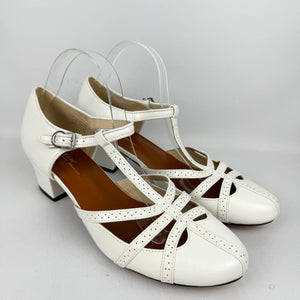 Re-Mix Starlet 1920's 1930's T-Strap Sandals in Ivory Leather - UK Size 9