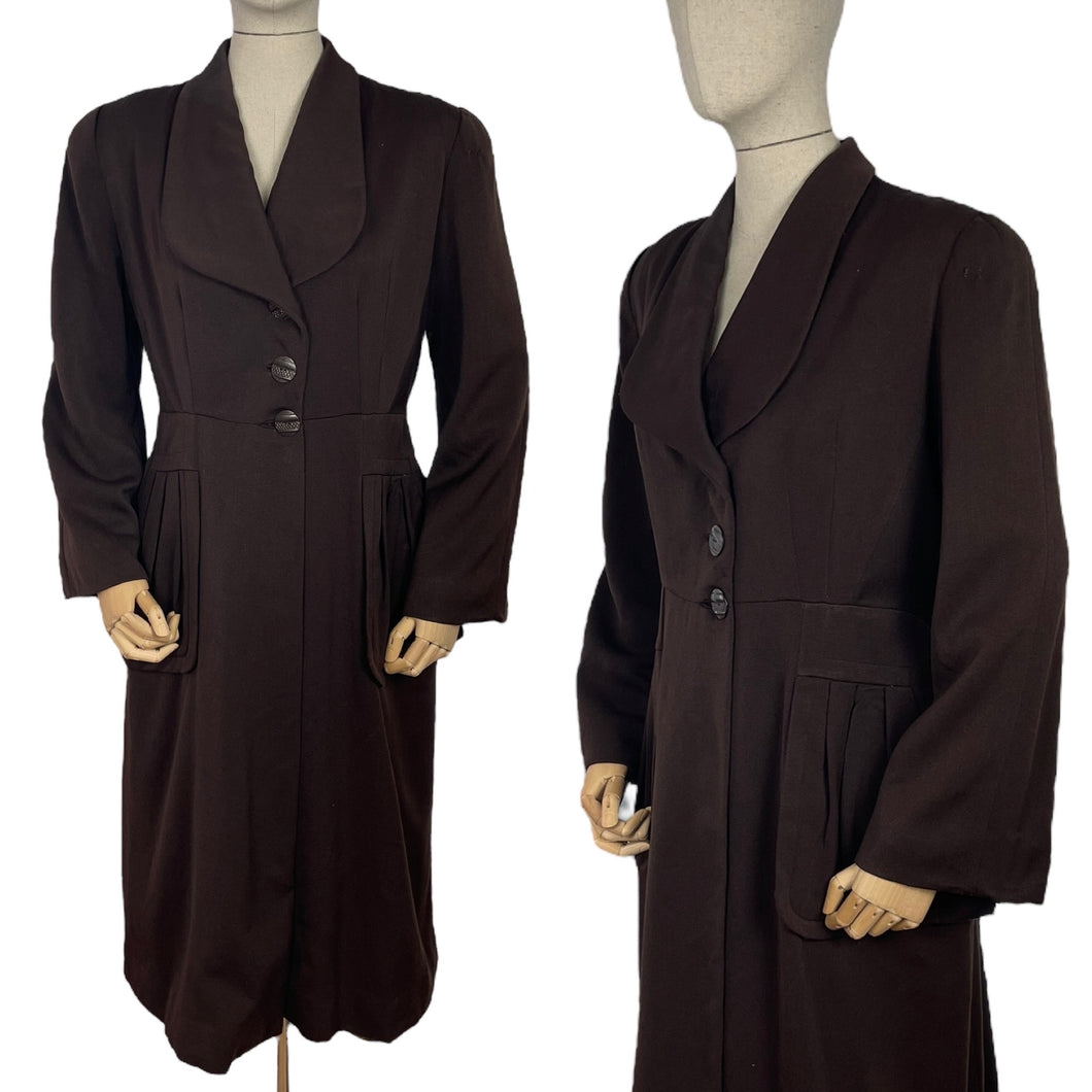 Original 1940's Dark Brown Lightweight Wool Coat with Patch Pockets and Three Button Closure