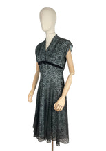 Load image into Gallery viewer, Original 1950&#39;s Ice Blue and Black Lace Cocktail Dress with Velvet Ribbon Trim - Bust 36 *
