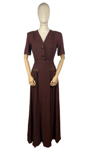 Original 1940's Chocolate Brown Crepe Full Length Belted Evening Dress with Bead and Sequin Trim - Bust 34" 35"