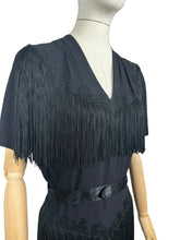 Load image into Gallery viewer, Original 1940&#39;s B Altman New York Full Length Black Crepe Evening Dress with Fringe Detail - Bust 36 38
