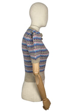 Load image into Gallery viewer, Reproduction 1940&#39;s Waffle Stripe Jumper with Bow Neck in Beige, Purple, Blue, Pink and Grey - Knitted from a Wartime Pattern - Bust 34 36
