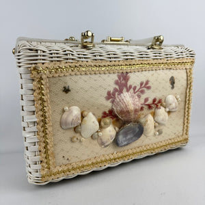 Original 1950's Princess Charming by Atlas White Wicker Bag with White Lucite Handles and Real Shell Decoration