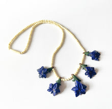 Load image into Gallery viewer, Original Mid Century Carved Bovine Bone Necklace Featuring Five Gentian Violet Flowers
