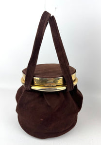 Original 1940's Chocolate Brown Suede Bag with Gold-tone Frame and Clasp