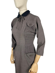 Original 1950's Grey Wiggle Dress with Black Accent Collar and Bow Trim at the Neck - Bust 34