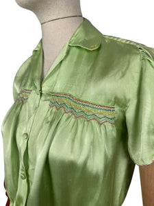 Original 1940’s Pale Green Artificial Silk Blouse with Colourful Smocking Detail - Bust 34 36