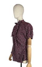 Load image into Gallery viewer, Original 1940's Pure Silk Novelty Print Swan Blouse in Burgundy and White with Bow Tie at Neck - Bust 34
